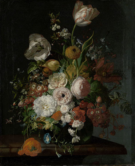 Stilleven met bloemen in een glazen vaas, ca. 1690-1720